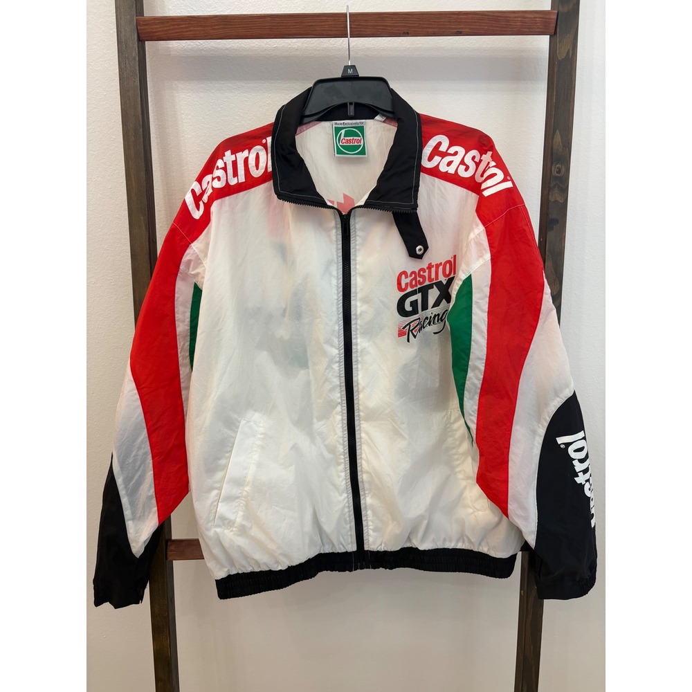 Vintage Castrol GTX Racing Windbreaker Jacket Mens XL White Red Colorblock Zip